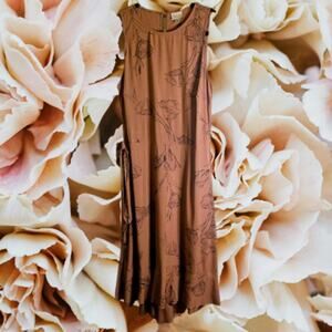 A New Day small sleeveless brown floral rayon belted flowy midi woman's dress.